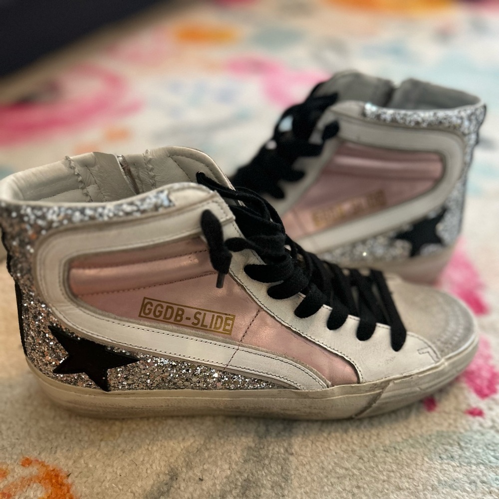 37 golden goose pink glitter slides